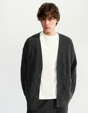 Dark Grey Men's Urban Revivo V-Neck Knitted Cardigan | TNX5473VA