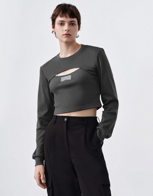 Dark Grey Women's Urban Revivo Cut-Out Crew Neck Knitted T Shirts | YAW2972BN