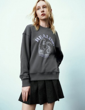 Dark Grey Women's Urban Revivo Printed Crew Neck Sweatshirts | BJJ4756EQ