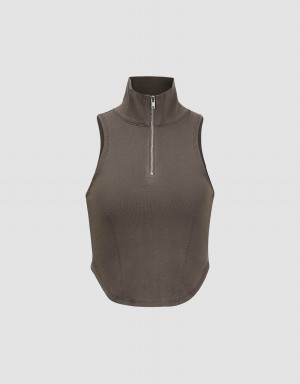 Dark Grey Women's Urban Revivo Zip Half Placket Tank Top | FOQ9427NB