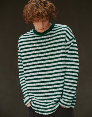 Green Men's Urban Revivo Striped Sleeve Crew Neck T Shirts | NWI2976OW