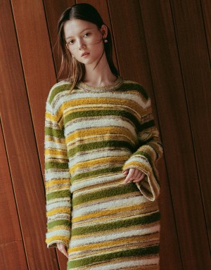 Green Multicolor Women's Urban Revivo Striped Crew Neck Knitted Cardigan | UOY984HD