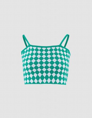 Green Women's Urban Revivo Argyle Knitted Crop Cami Tank Top | RCP574BG