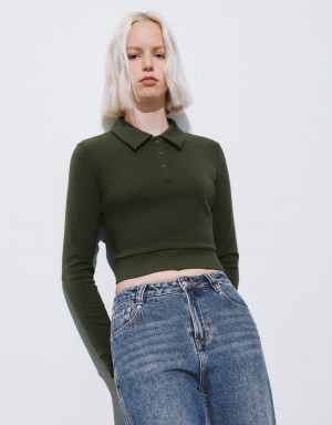 Green Women's Urban Revivo Button Half Placket Cropped Knitted T Shirts | BJE256AO