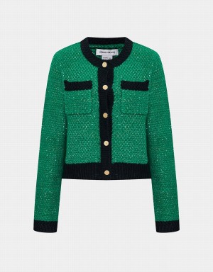 Green Women's Urban Revivo Contrast Trim Patched Pocket Cardigan | FUM335NR