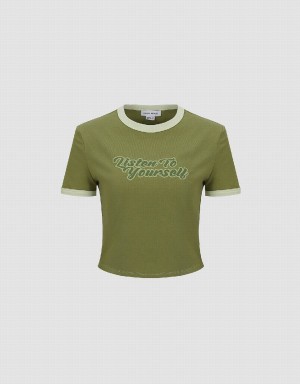 Green Women's Urban Revivo Letter Printed Crew Neck Regular T Shirts | YVC440KW