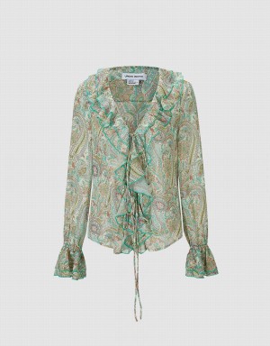 Green Women's Urban Revivo Paisley Print Ruffled Shirts | GSE1962GS