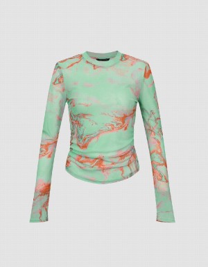 Green Women's Urban Revivo Printed Crew Neck Skinny T Shirts | SGZ4153XO