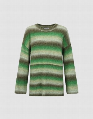 Green Women's Urban Revivo Striped Crew Neck Knitted Cardigan | CXA8311DR