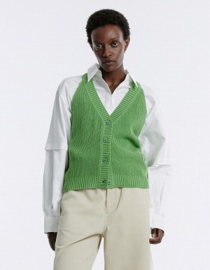 Green Women's Urban Revivo V Neck Knit Cardigan | ACC7920RK