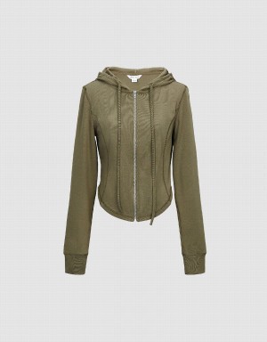 Green Women's Urban Revivo Zipper Front Skinny Knitted Hooded Jackets | QOM8516YF