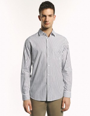 Grey Men's Urban Revivo Button Up Striped Shirts | DKC8987AZ