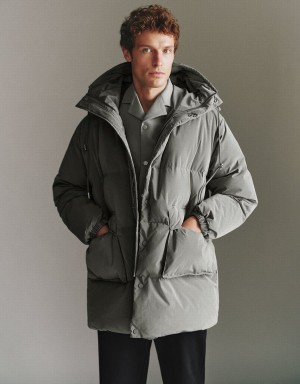 Grey Men's Urban Revivo Hooded A-Line Down Jackets | LIH225NB