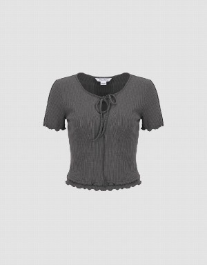 Grey Women's Urban Revivo Frill Trim Tie Front Knitted T Shirts | ZNK6828OQ