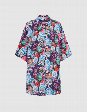 Grey Women's Urban Revivo Minions Allover Print Button Up Shirts | KDJ5519LI