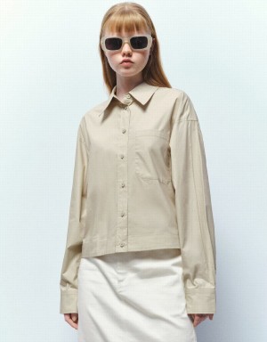 Khaki Women's Urban Revivo Button Up Straight Shirts | LQZ2464GC