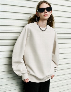 Khaki Women's Urban Revivo Crew Neck Loose Sweatshirts | NMQ5086AL