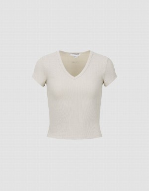 Khaki Women's Urban Revivo Skinny V-Neck Knitted T Shirts | LQH1954YF