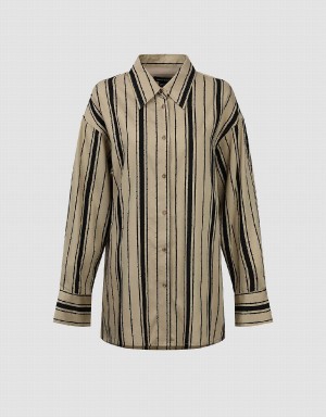 Khaki Women's Urban Revivo Striped Straight Loose Shirts | BLB8311HK