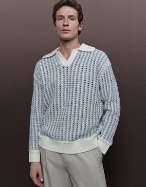 Light Blue Men's Urban Revivo Striped Two Toned Knitted Cardigan | MUF3065KO