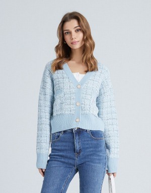 Light Blue Women's Urban Revivo Pocket Tweed Plaid Cardigan | OKW5656GF