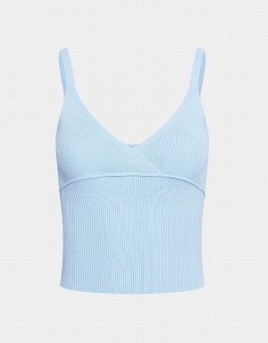 Light Blue Women's Urban Revivo Ribbed Knit V Neck Cami Tank Top | NZU6934YZ