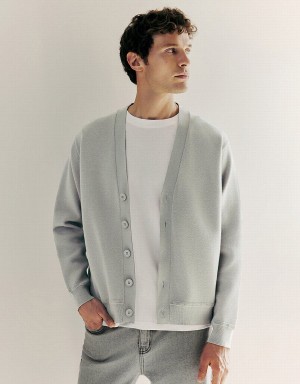 Light Grey Men's Urban Revivo V-Neck Knitted Cardigan | JXG3270KX