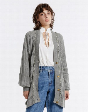 Light Grey Women's Urban Revivo Contrast Trim Cardigan | CFL8749KG