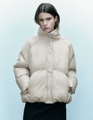 Light Khaki Women's Urban Revivo Stand Collar Puffer Jacket | RPM1586LC