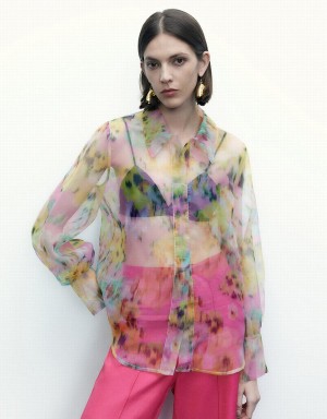 Multicolor Women's Urban Revivo Flowers Printed Sheer Overhead Blouse | YLR487DL