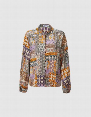 Multicolor Women's Urban Revivo Patchwork Print Satin Shirts | LNL4030TR