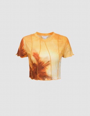 Orange Women's Urban Revivo Printed Crew Neck Skinny T Shirts | OWT9018MO