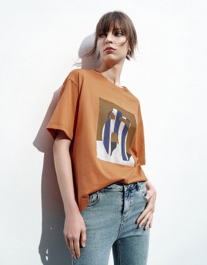 Orange Women's Urban Revivo Printed Loose T Shirts | UAL4089TB