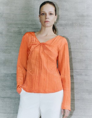 Orange Women's Urban Revivo V-Neck Overhead Blouse | YYU1134SM