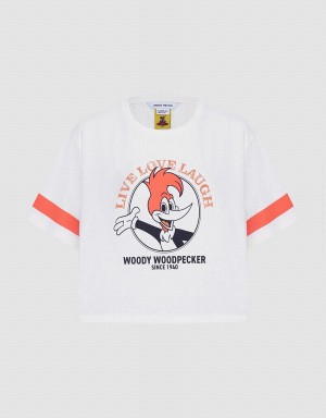 Pink White Women's Urban Revivo Woody Woodpecker Crop T Shirts | XDL1868IW