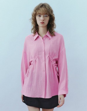 Pink Women's Urban Revivo Button Up Loose A-Line Shirts | EHO7497GW