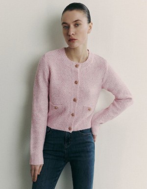 Pink Women's Urban Revivo Crew Neck Knitted With Fake Pockets Cardigan | JAU6085ZM