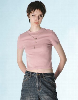 Pink Women's Urban Revivo Crew Neck Skinny With Necklace T Shirts | BAQ8025VM