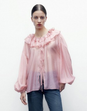 Pink Women's Urban Revivo Drop Should Ruffle Lapel Shirts | RVE5914MW