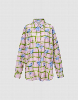 Pink Women's Urban Revivo Flower Printed Straight Shirts | UJD2746OG