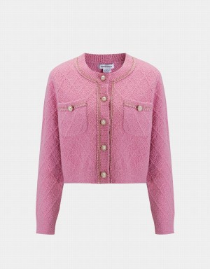 Pink Women's Urban Revivo Fluffy Contrast Trim Faux Pearl Button Cardigan | UGT6334EJ