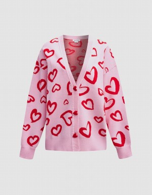 Pink Women's Urban Revivo Heart Pattern Jacquard Button Up Oversized Cardigan | OJM9867DK