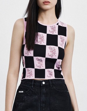 Pink Women's Urban Revivo Hot Stuff Checkered Knitted Tank Top | LTY6537TD