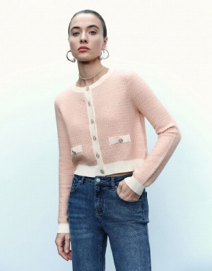 Pink Women's Urban Revivo Knitted With Faux Pearl Buttons Cardigan | SJD4112GU