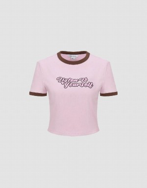 Pink Women's Urban Revivo Letter Printed Crew Neck Regular T Shirts | EUF562VN