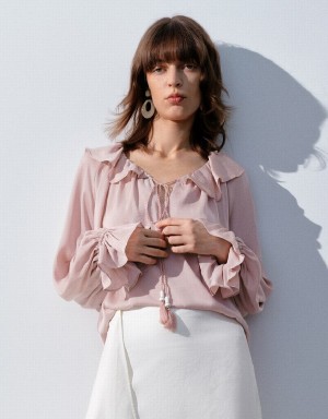 Pink Women's Urban Revivo Raglan Sleeve Ruffle Overhead Blouse | QYD4585CE