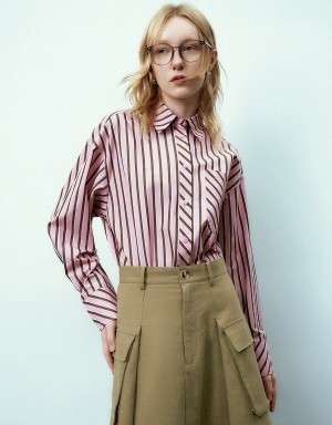 Pink Women's Urban Revivo Striped Button Up Shirts | EZI3439SU