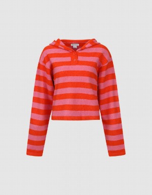 Pink Women's Urban Revivo Striped Hooded Knitted Cardigan | UYN7974DA