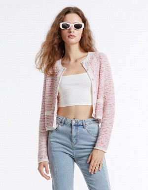 Pink Women's Urban Revivo Tweed Cardigan | IQT8477IW