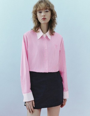 Pink Women's Urban Revivo Two Toned Striped Straight Shirts | SOP2436AL